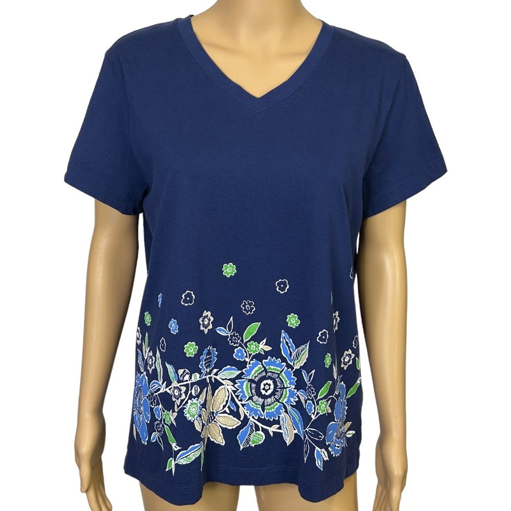 White Stag Womens L (12-14) Blue Floral Short Sleeve V-Neck Blouse‎ Shirt